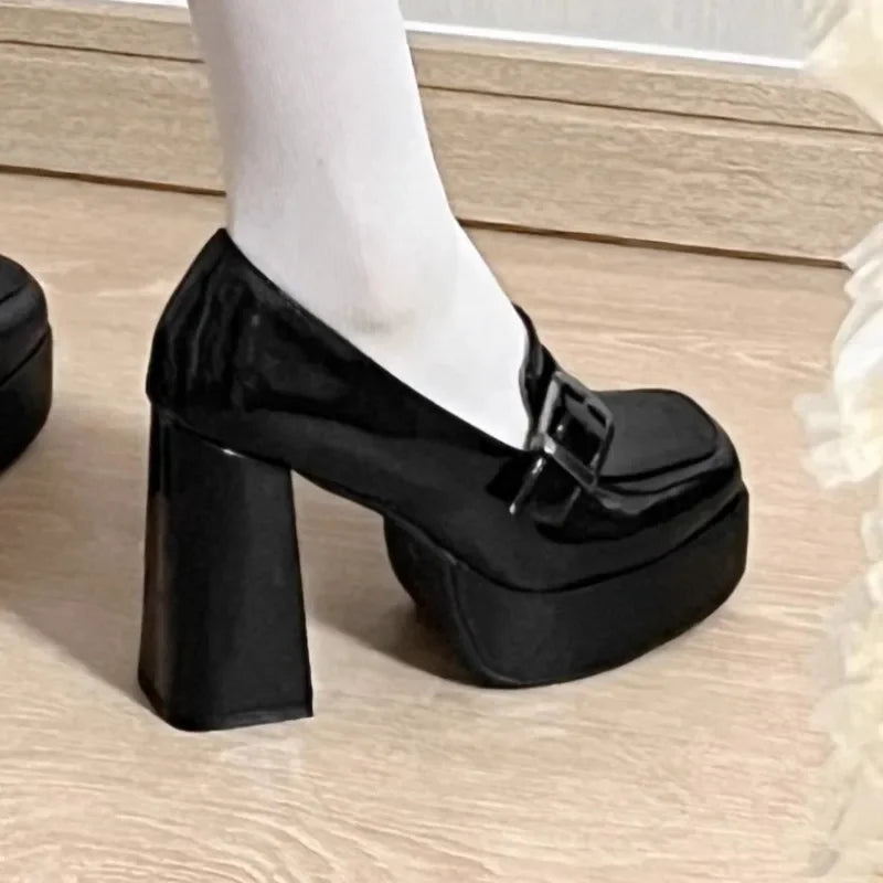 Mocasines de Tacón Mujer Negros con Plataforma y Tacón Cuadrado Alto