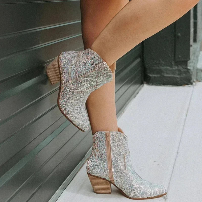Botas Cowboy Mujer Plateadas con Strass y Tacón