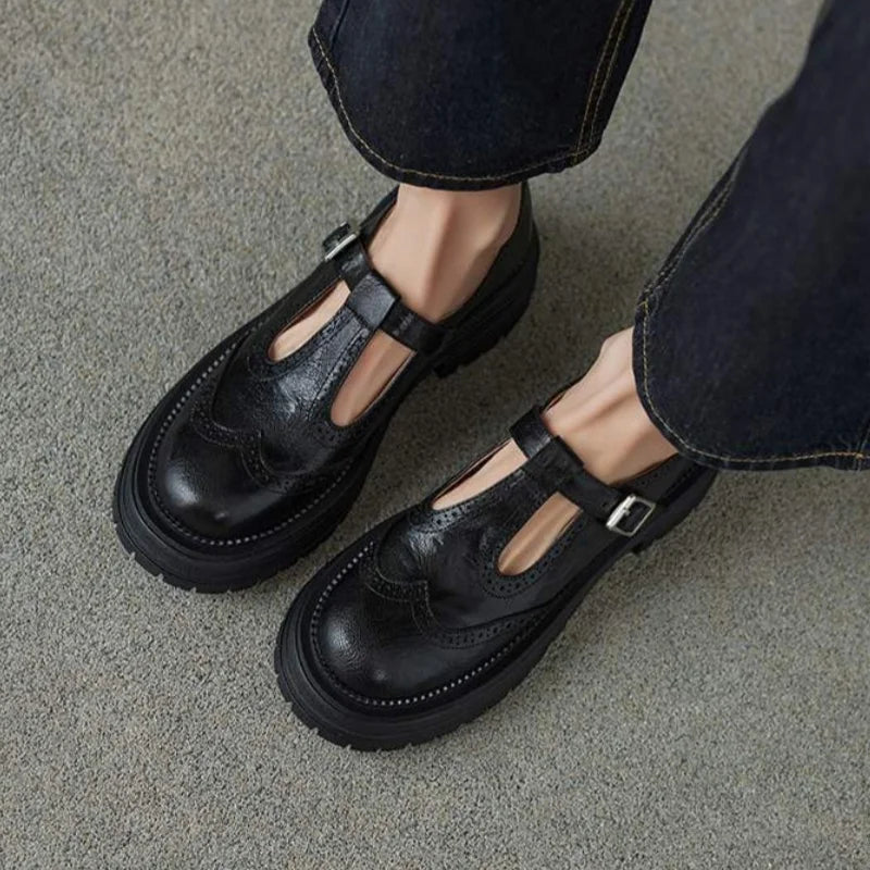 Mocasines Mujer con Correa y Hebilla y Suela Gruesa