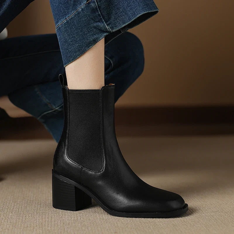 Botines Chelsea de Tacón Mujer con Elástico Lateral y Tacón Grueso