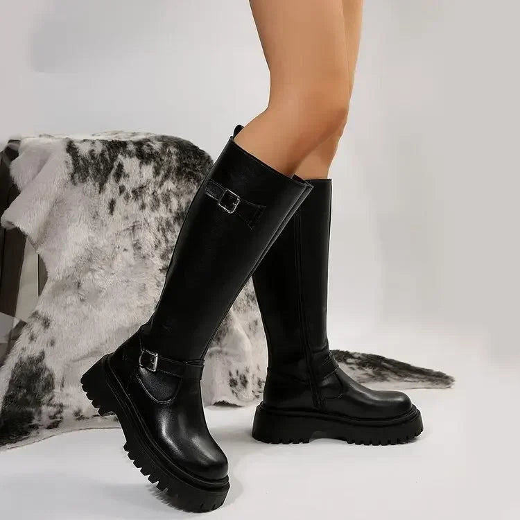 Botas Moteras Mujer Negras con Hebilla y Suela Gruesa de Caña Alta