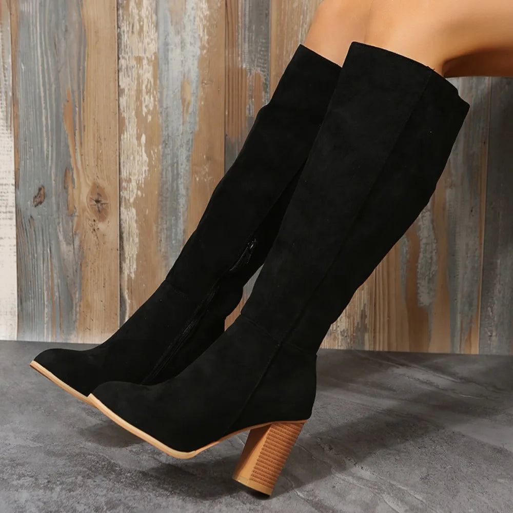 Botas Altas Mujer de Ante Caña Elástica con Tacón Bajo