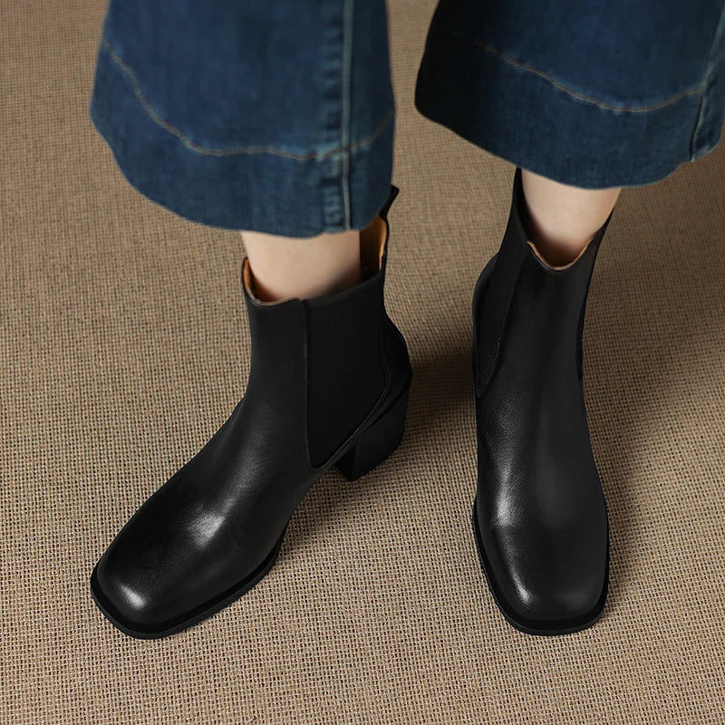 Botines Chelsea de Tacón Mujer con Elástico Lateral y Tacón Grueso