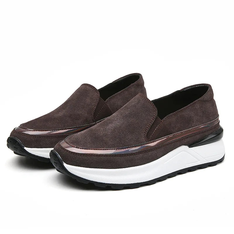Mocasines con Plataforma Mujer de Ante y Ribete Dorado con Elástico Lateral
