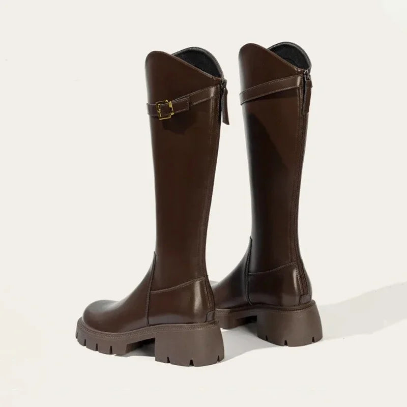 Botas Altas Mujer de Piel Tacón Grueso Hebilla Dorada