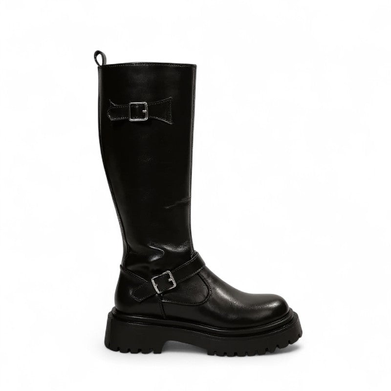 Botas Moteras Mujer Negras con Hebilla y Suela Gruesa de Caña Alta