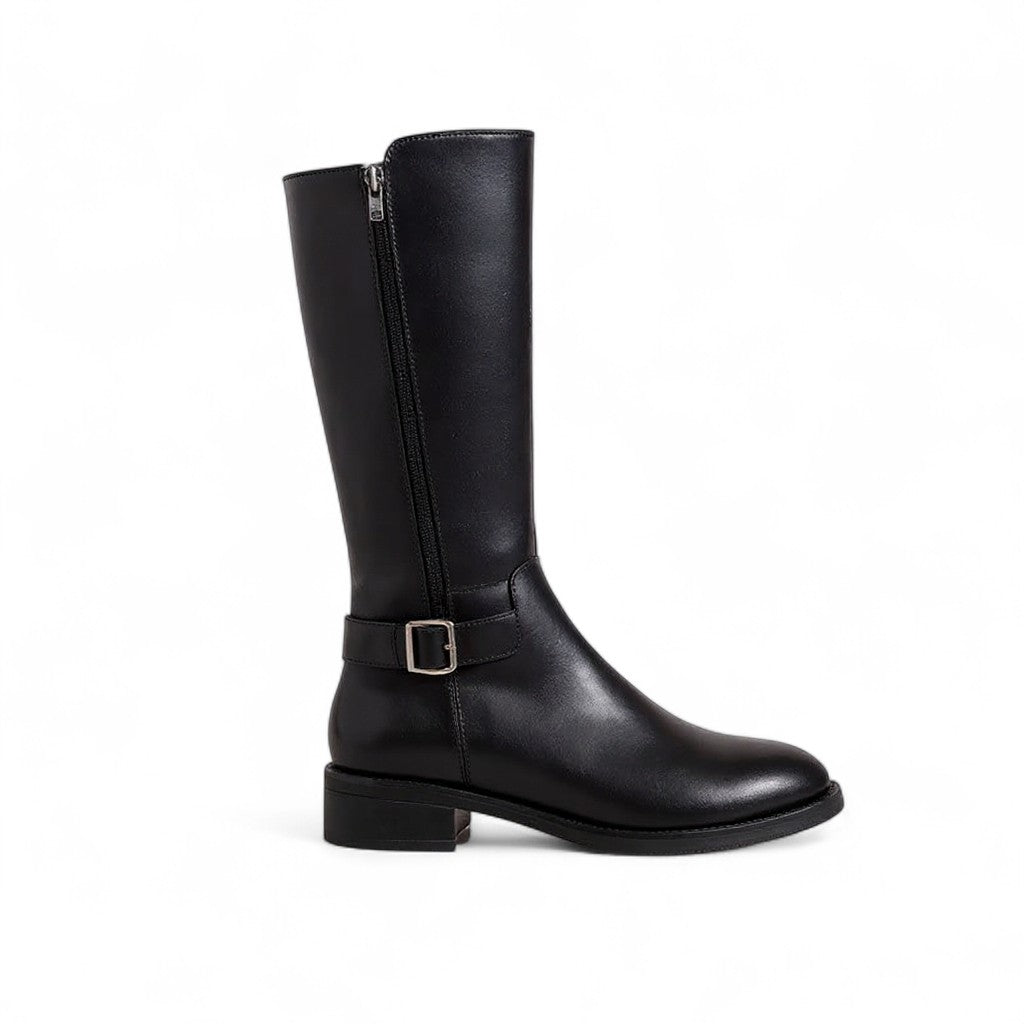 Botas Altas Mujer Negras con Hebilla Metálica Tacón Plano