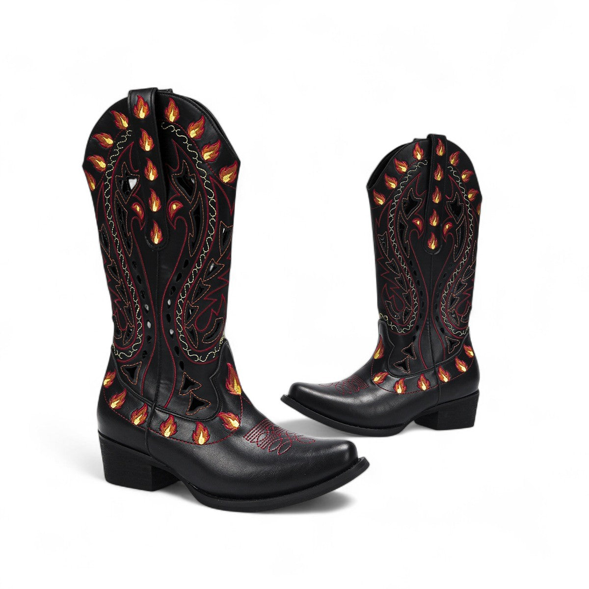 Botas Cowboy Mujer Camperas con Llamas Bordadas en la Caña