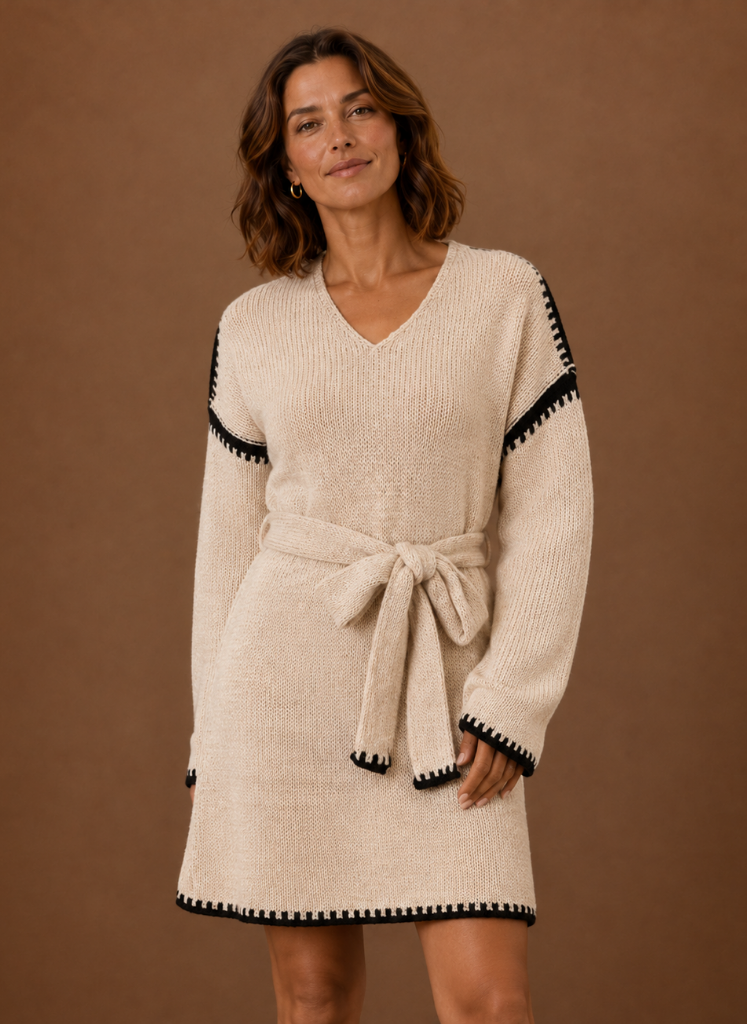 Jersey Vestido Mujer Cinturón Cuello V