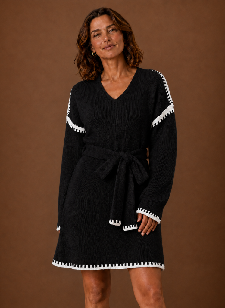 Jersey Vestido Mujer Cinturón Cuello V