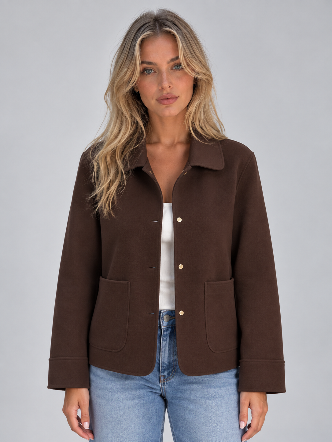 Chaqueta Camisera Mujer con Cuello Amplio y Bolsillos de Parche - Marrón