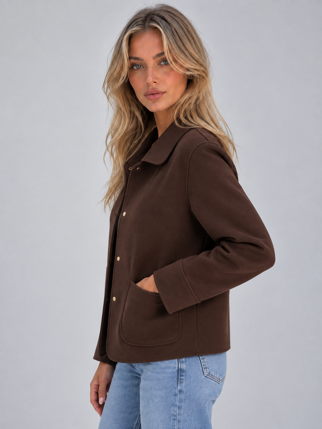 Chaqueta Camisera Mujer con Cuello Amplio y Bolsillos de Parche - Vista 2