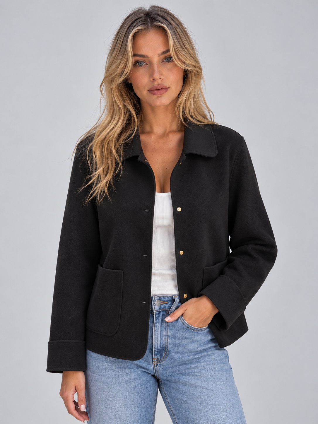 Chaqueta Camisera Mujer con Cuello Amplio y Bolsillos de Parche - Negro