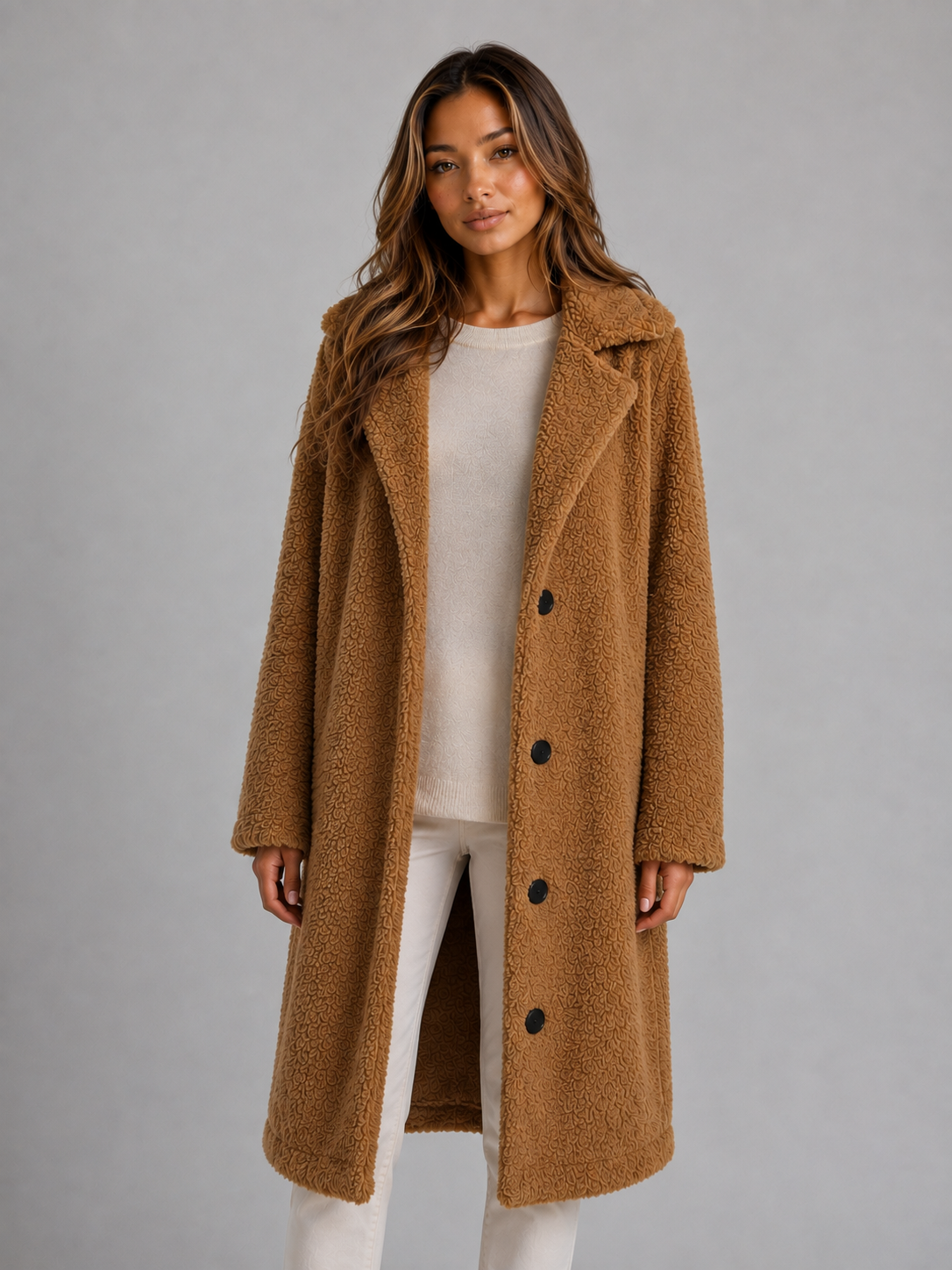Abrigo Teddy Mujer Largo con Botones y Solapas Oversize - Caqui