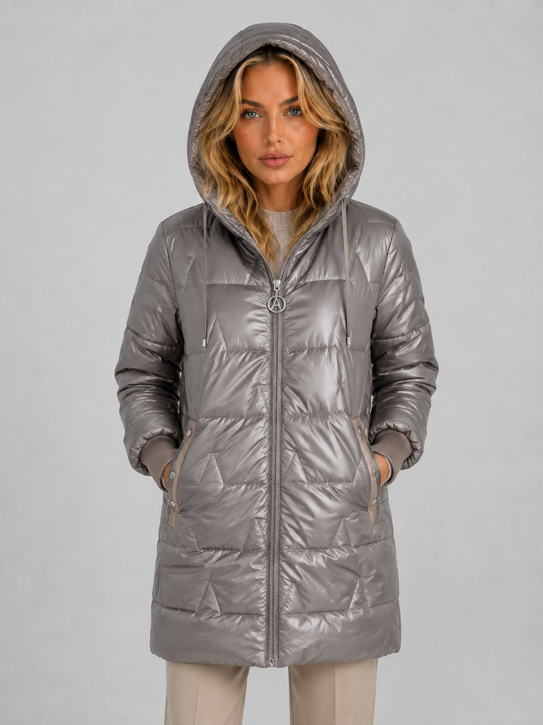Abrigo Largo Mujer Acolchado con Capucha y Cremallera Completa - Gris