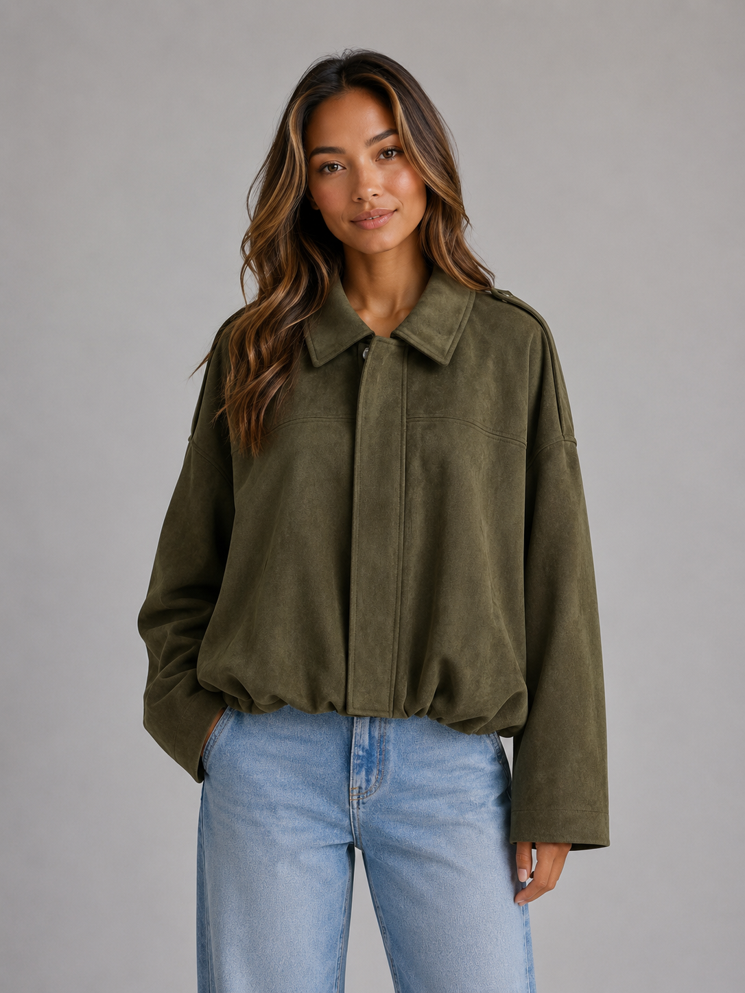 Cazadora Bomber Mujer Efecto Ante Oversize con Cuello Solapa - Vista 1
