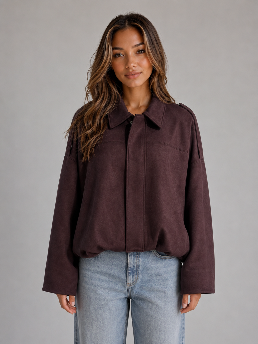 Cazadora Bomber Mujer Efecto Ante Oversize con Cuello Solapa - Vista 4