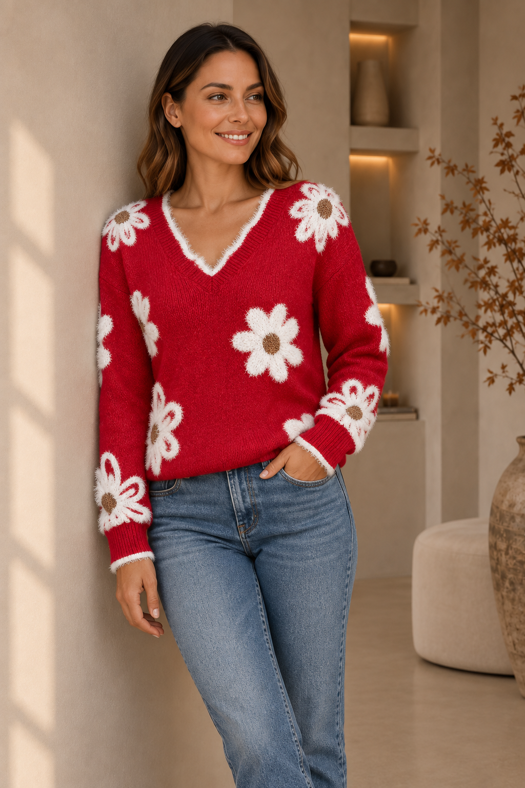 Jersey Cuello en V Mujer de Punto con Estampado Floral - Rojo