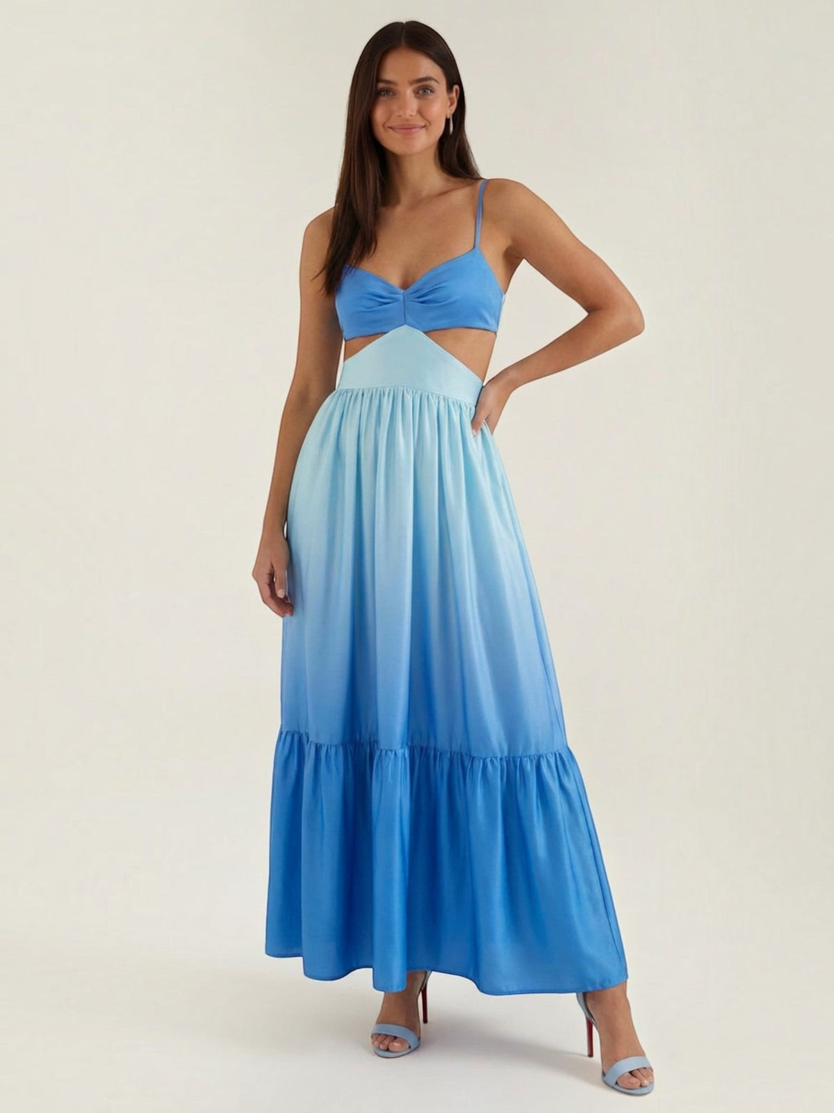 Vestido Largo Degradado Azul Volantes