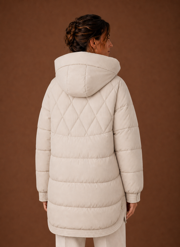 Plumífero Largo Mujer Capucha Rombos Elegante