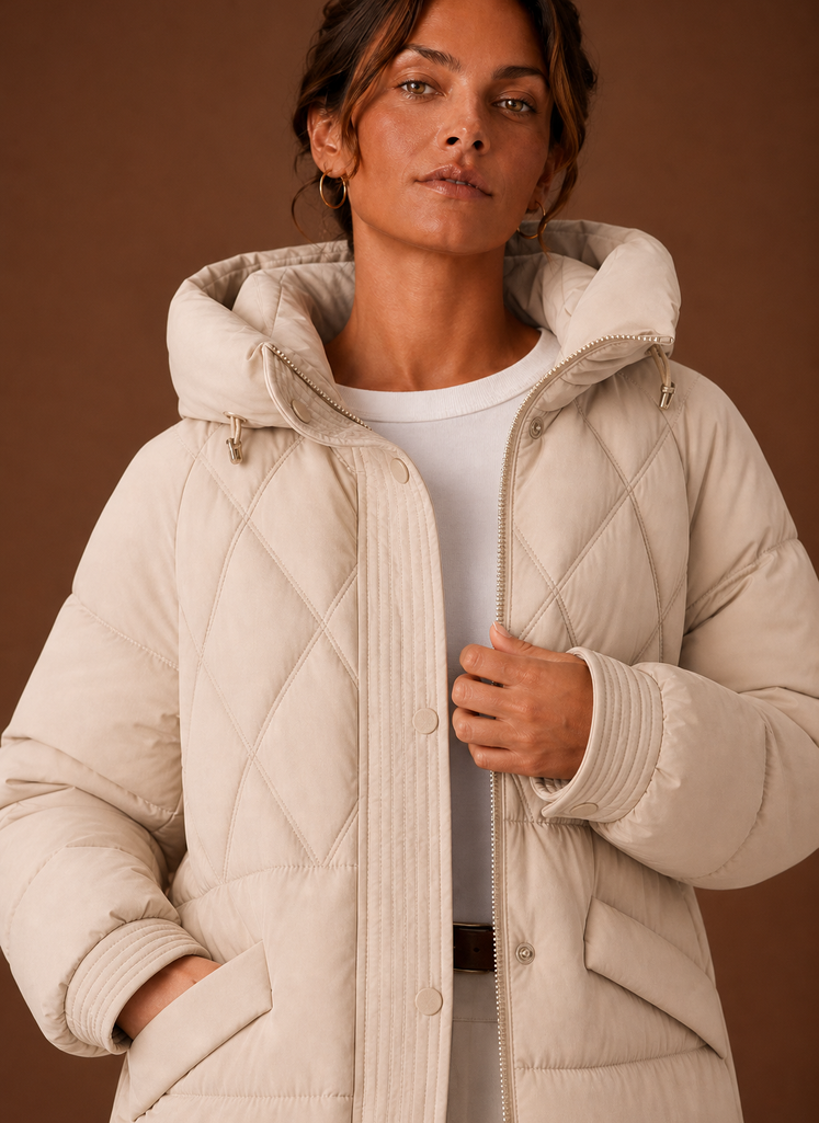 Plumífero Largo Mujer Capucha Rombos Elegante