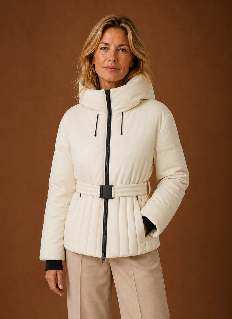 Chaqueta Acolchada Mujer Cinturón Pliegues Elegante