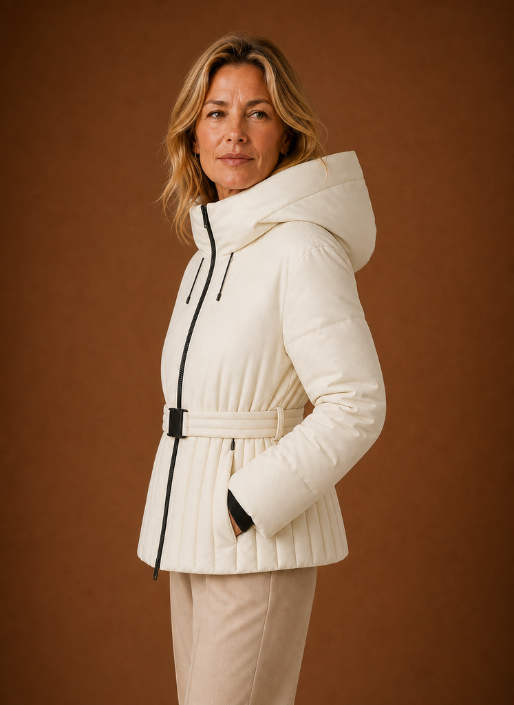 Chaqueta Acolchada Mujer Cinturón Pliegues Elegante