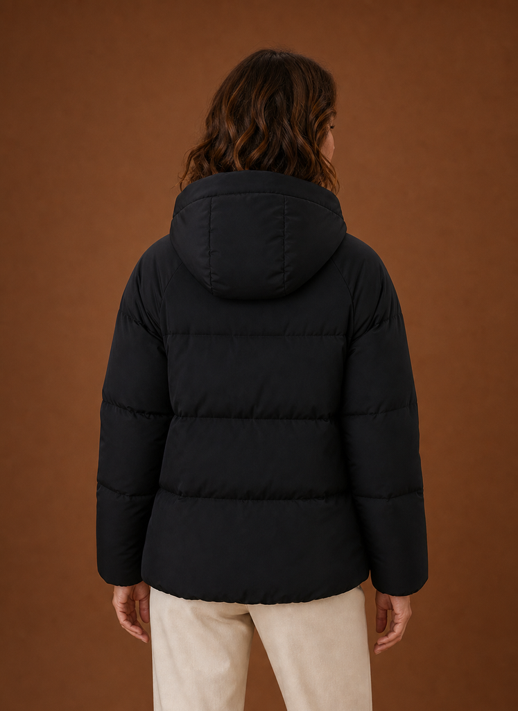 Chaqueta Acolchada Mujer Capucha Negra Cálida