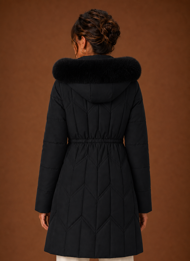 Plumífero Largo Mujer Capucha Ribeteada Elegante