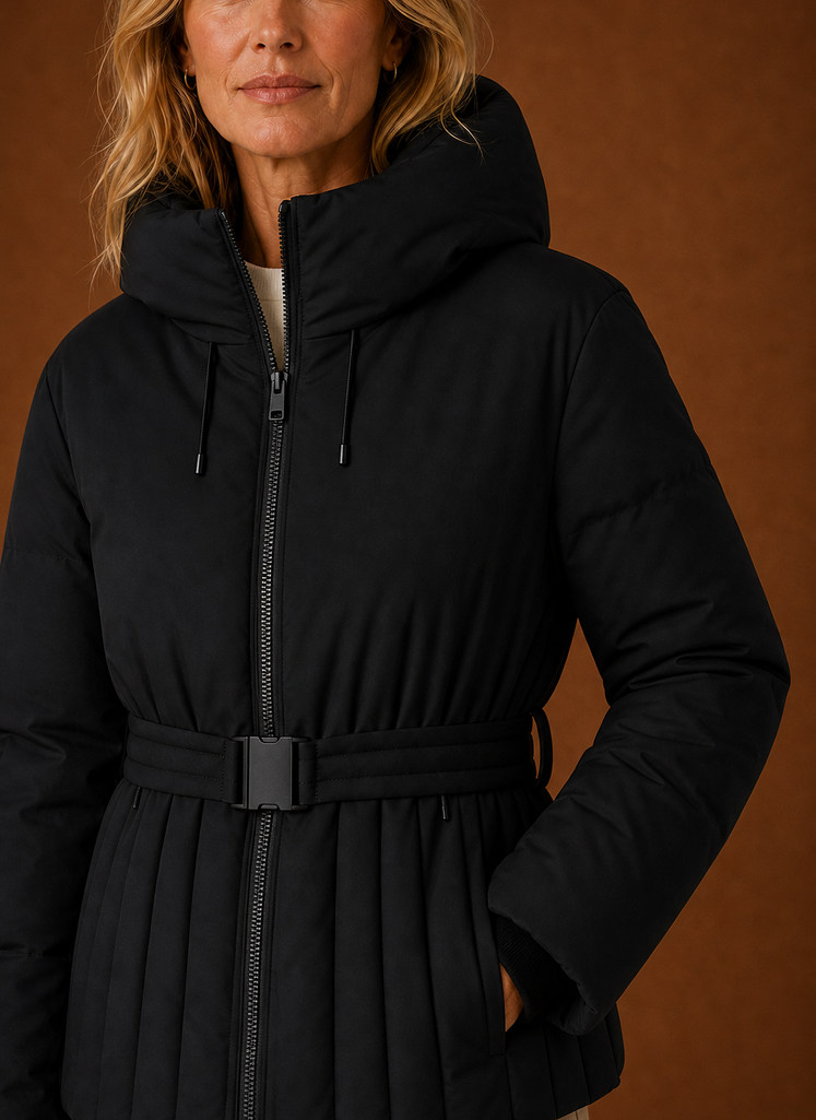 Chaqueta Acolchada Mujer Cinturón Pliegues Elegante