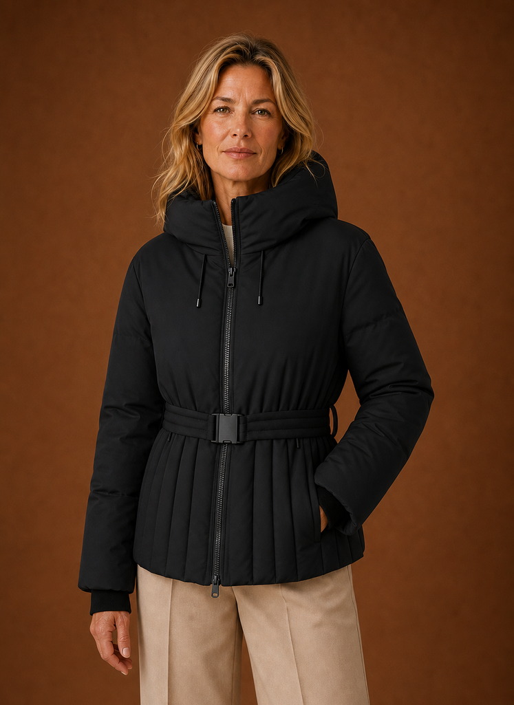Chaqueta Acolchada Mujer Cinturón Pliegues Elegante