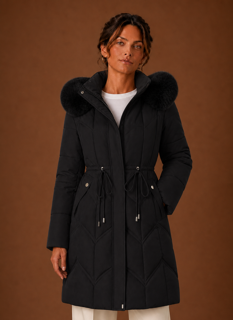 Plumífero Largo Mujer Capucha Ribeteada Elegante