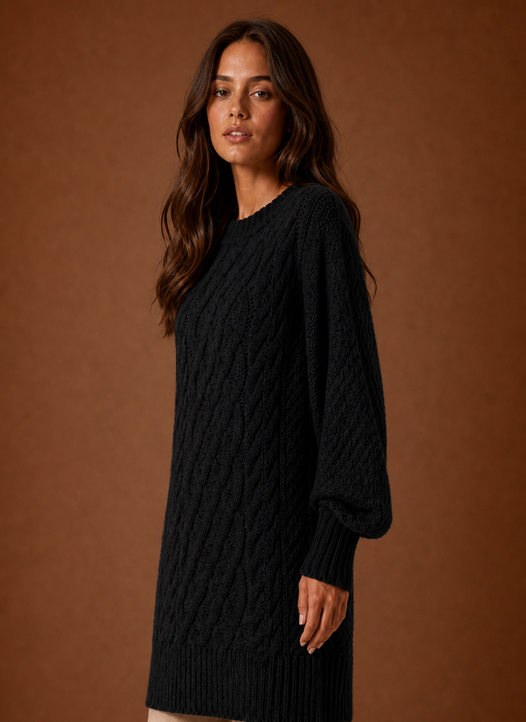 Jersey Vestido Mujer Cuello Redondo Trenzado