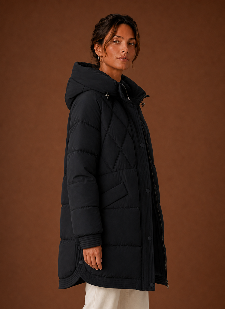 Plumífero Largo Mujer Capucha Rombos Elegante