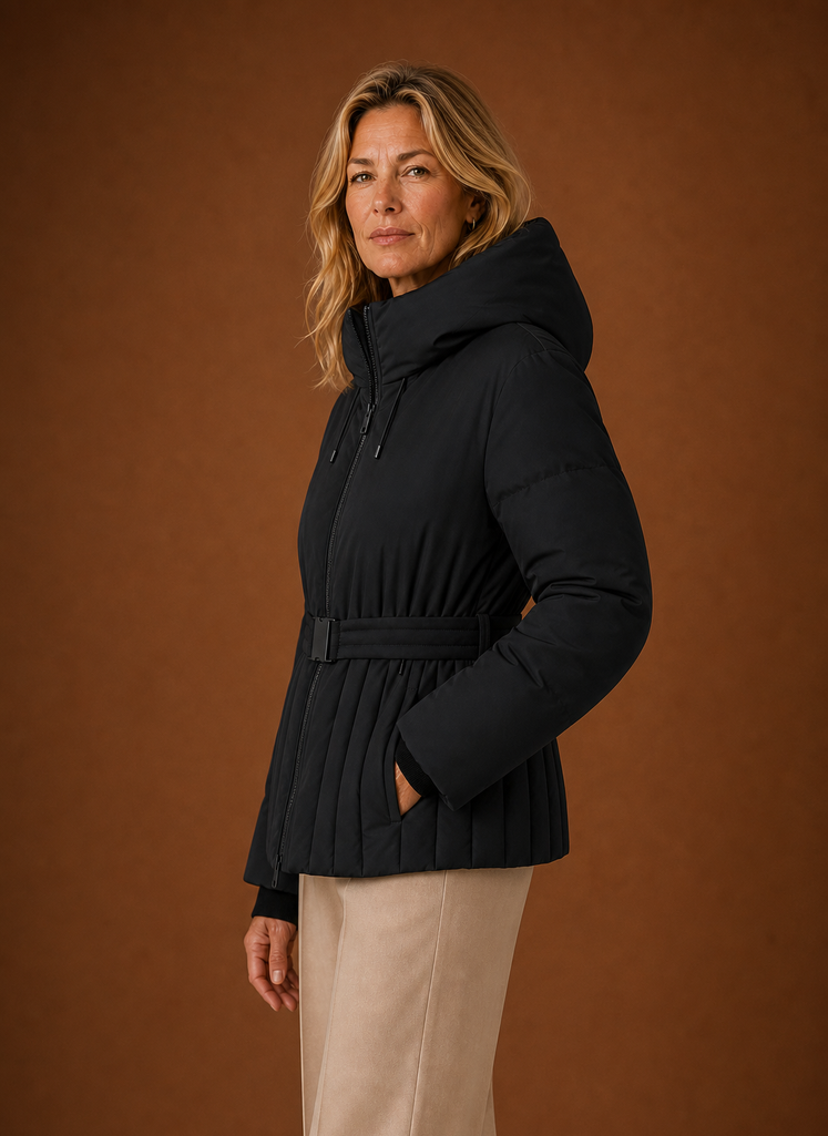 Chaqueta Acolchada Mujer Cinturón Pliegues Elegante