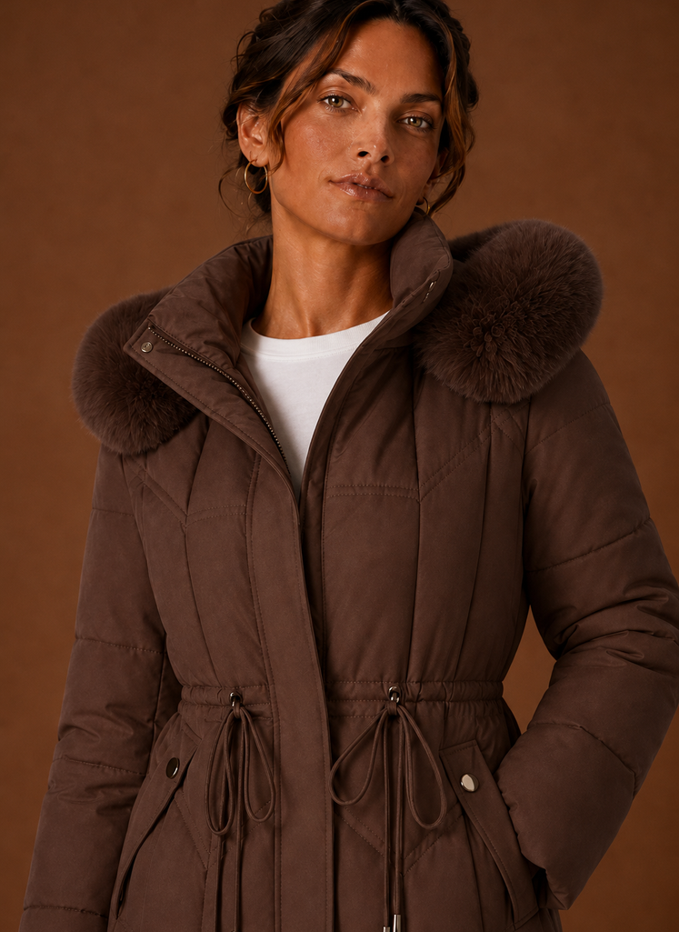 Plumífero Largo Mujer Capucha Ribeteada Elegante
