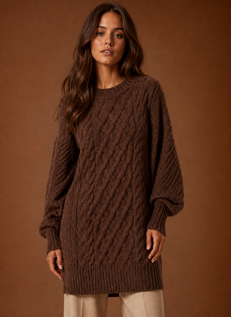Jersey Vestido Mujer Cuello Redondo Trenzado