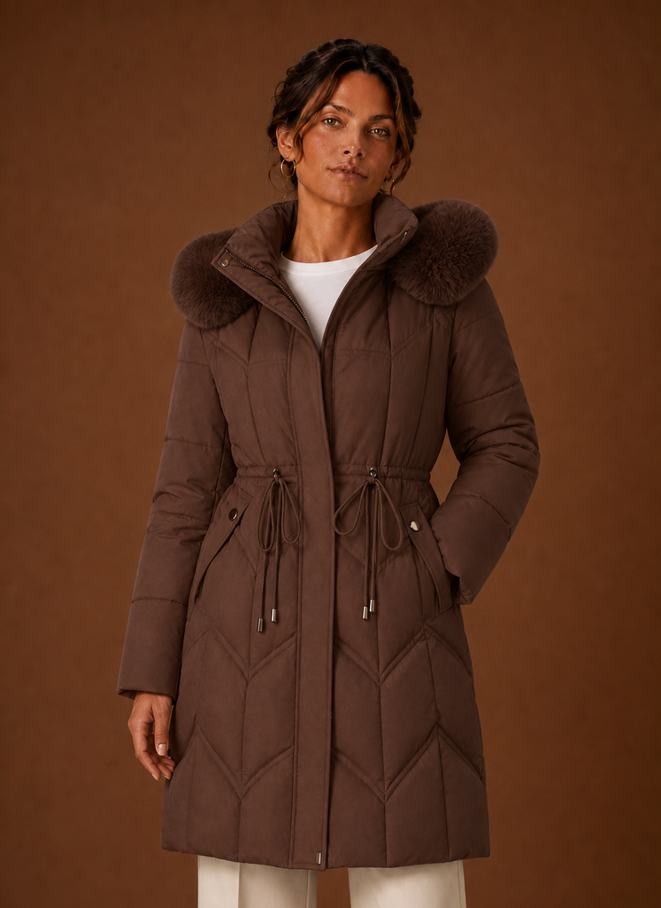 Plumífero Largo Mujer Capucha Ribeteada Elegante