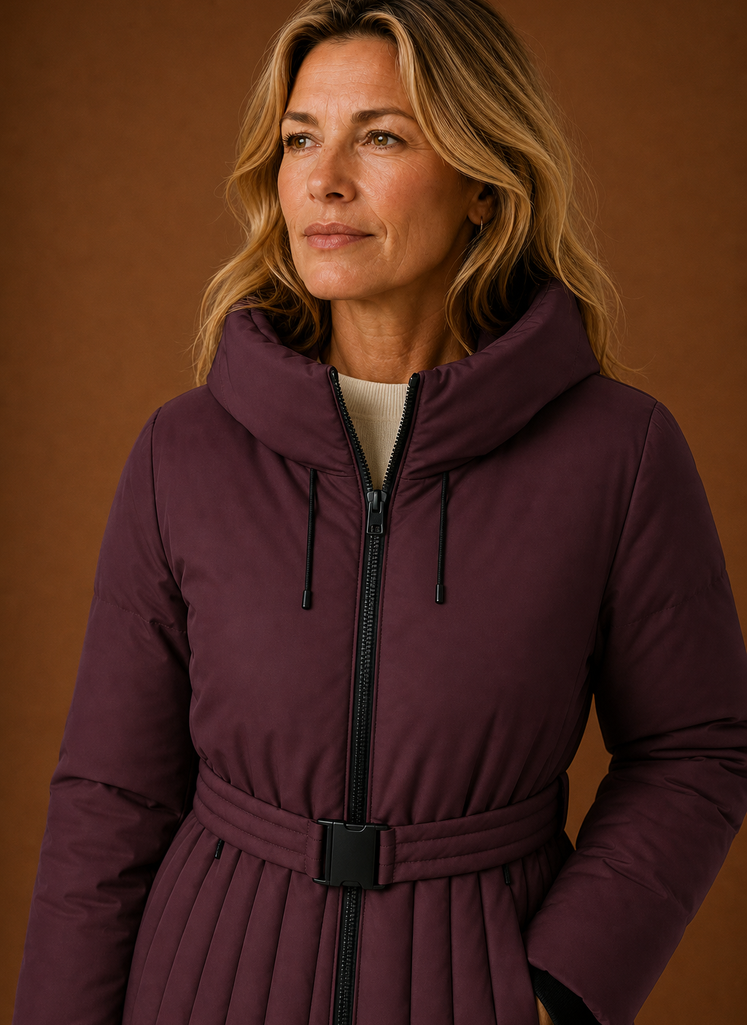 Chaqueta Acolchada Mujer Cinturón Pliegues Elegante