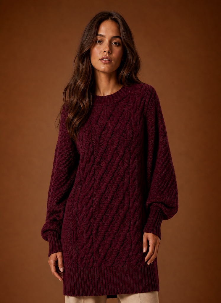 Jersey Vestido Mujer Cuello Redondo Trenzado