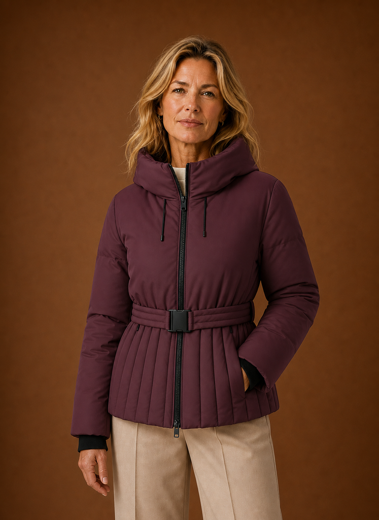 Chaqueta Acolchada Mujer Cinturón Pliegues Elegante