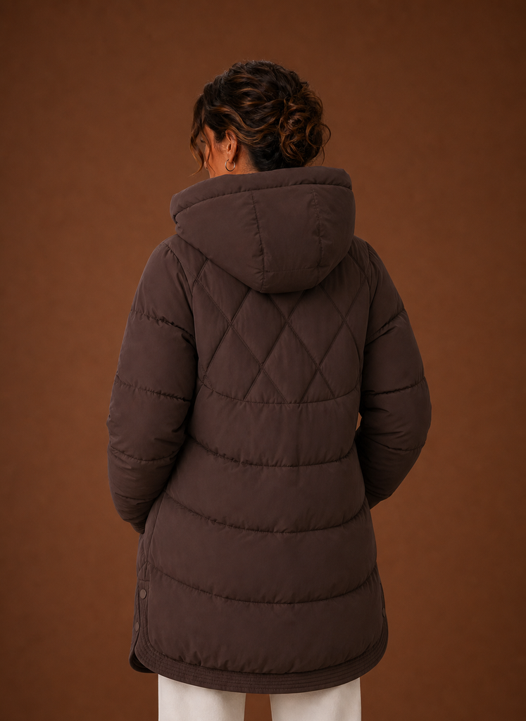 Plumífero Largo Mujer Capucha Rombos Elegante