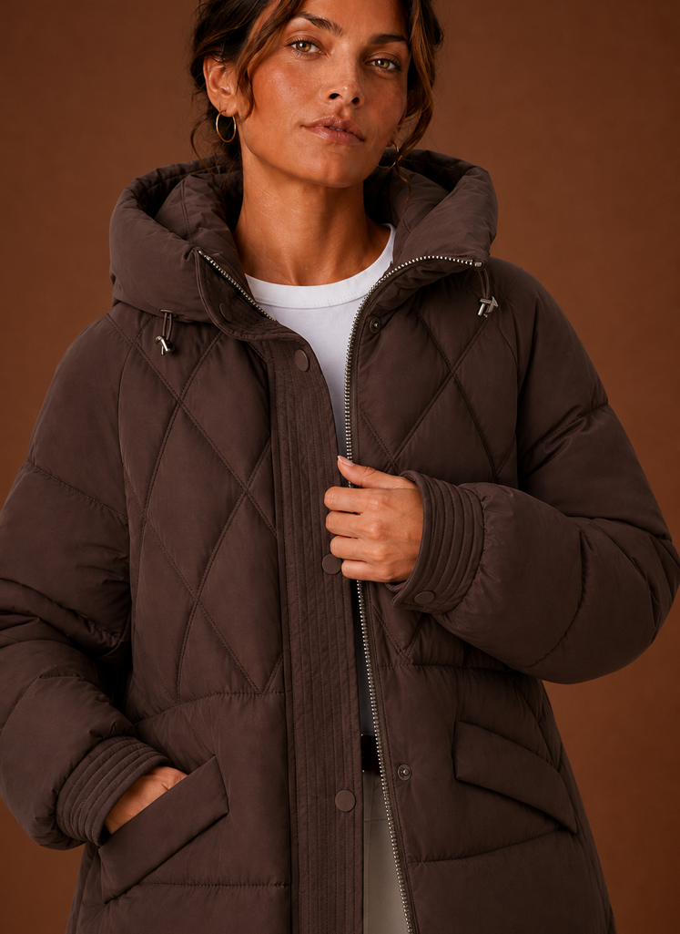 Plumífero Largo Mujer Capucha Rombos Elegante