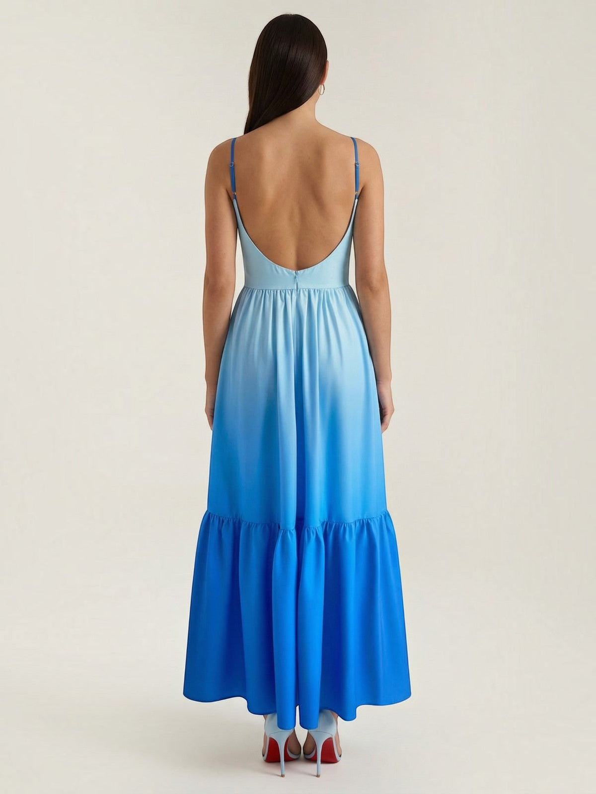 Vestido Largo Degradado Azul Volantes