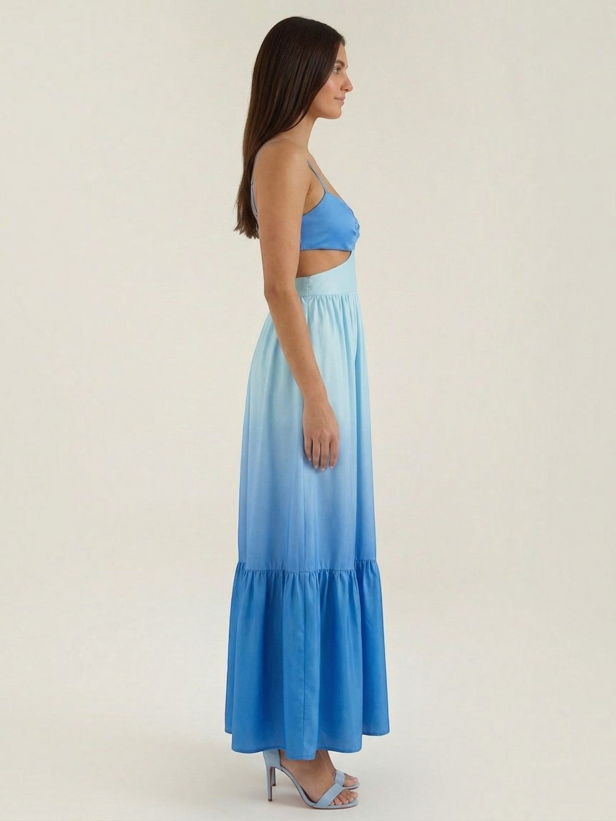 Vestido Largo Degradado Azul Volantes