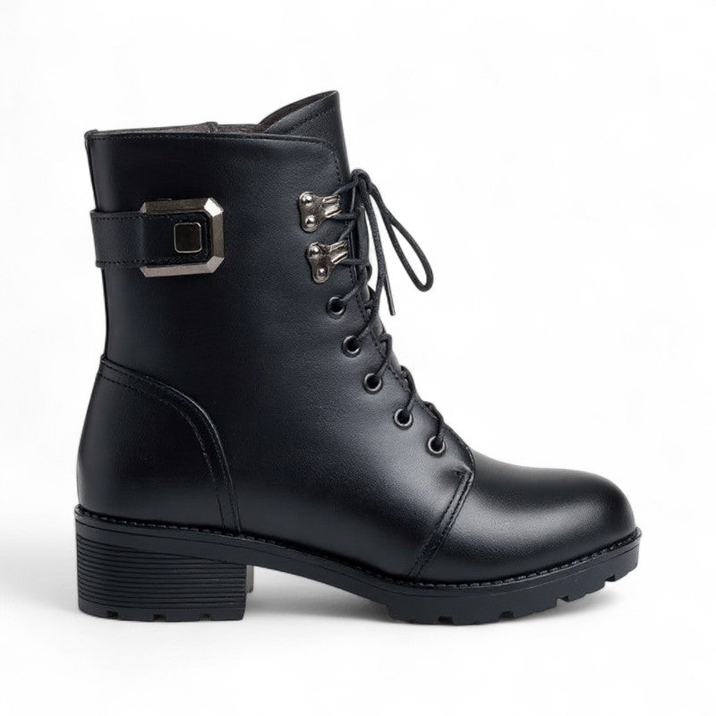 Botines con Cordones Mujer Negros con Hebilla y Forro de Lana