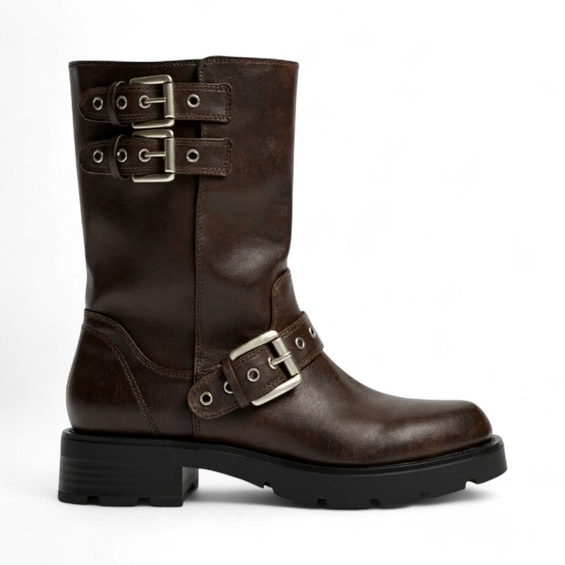 Botas Moteras Mujer Marrones con Hebillas Metálicas