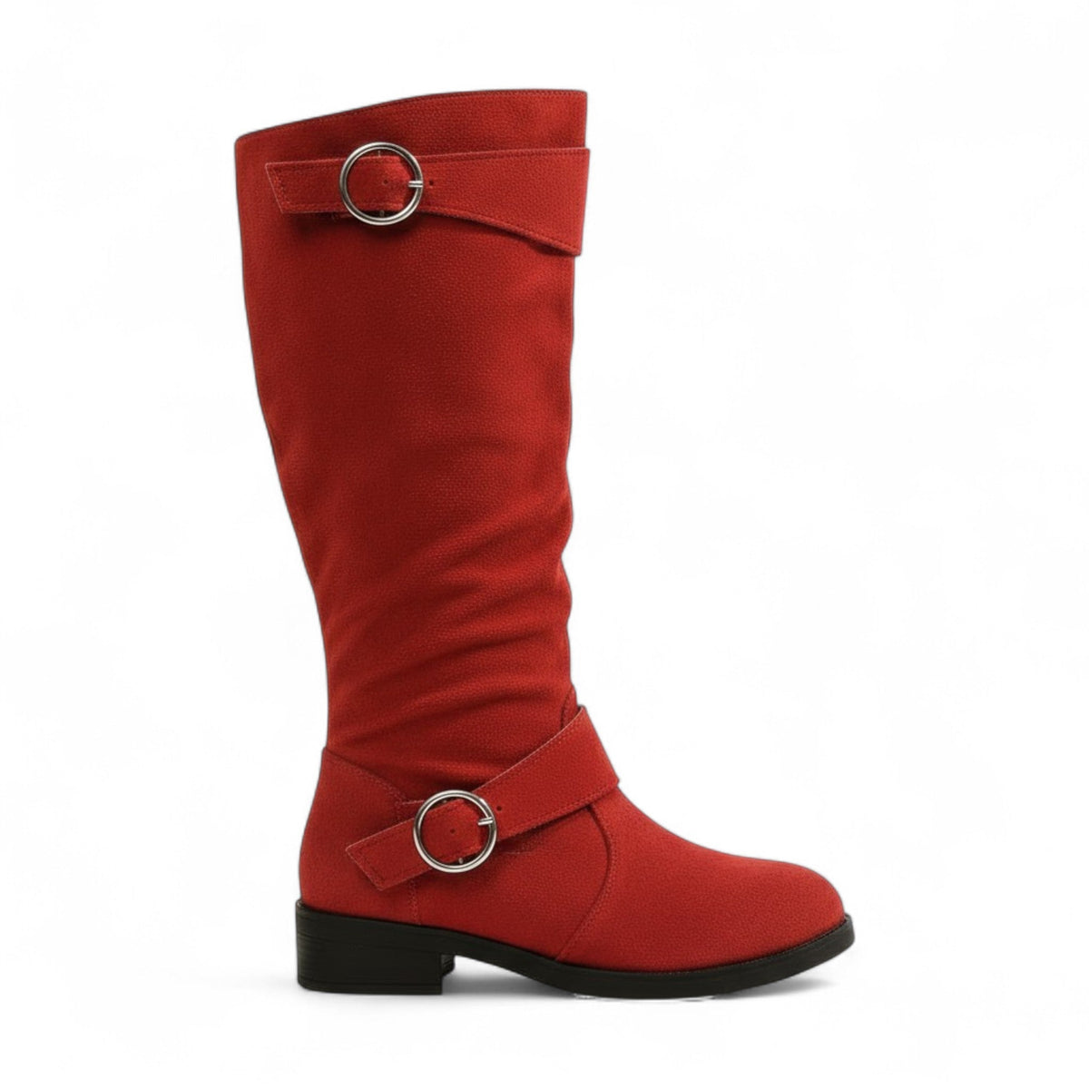 Botas Altas Mujer de Ante Plisado Tacón Bajo con Hebilla