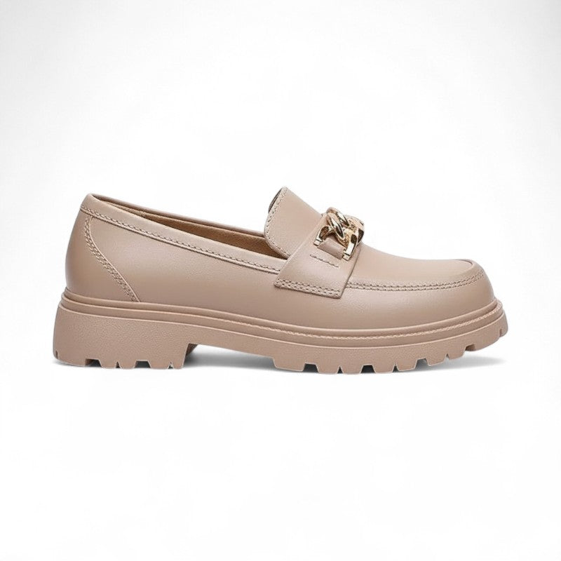 Mocasines con Cadena Mujer Dorada, Suela Gruesa y Diseño Sobrio