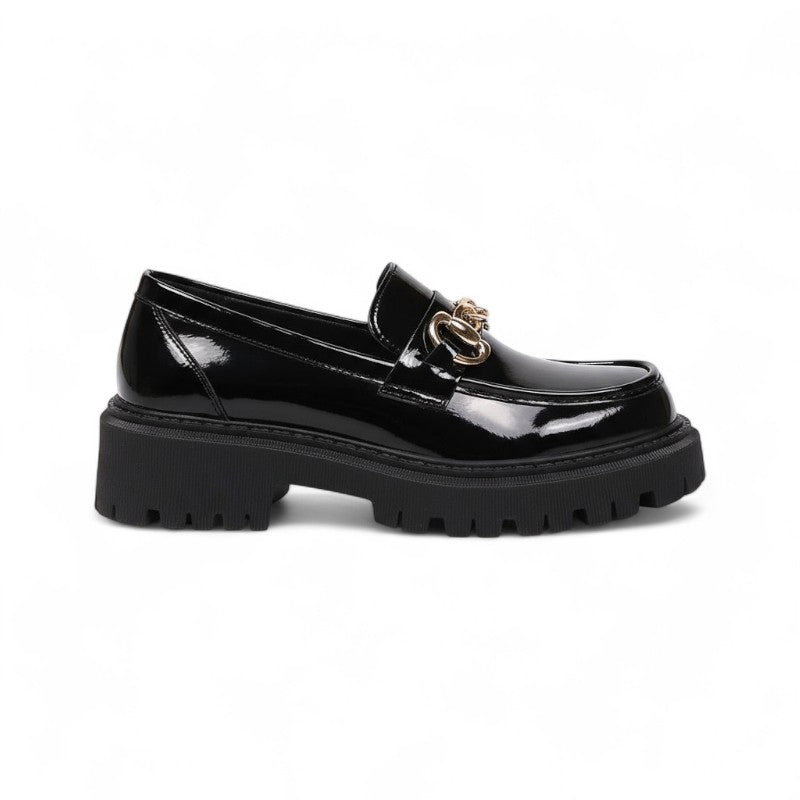 Mocasines con Cadena Mujer de Charol con Cadena Dorada y Suela Gruesa